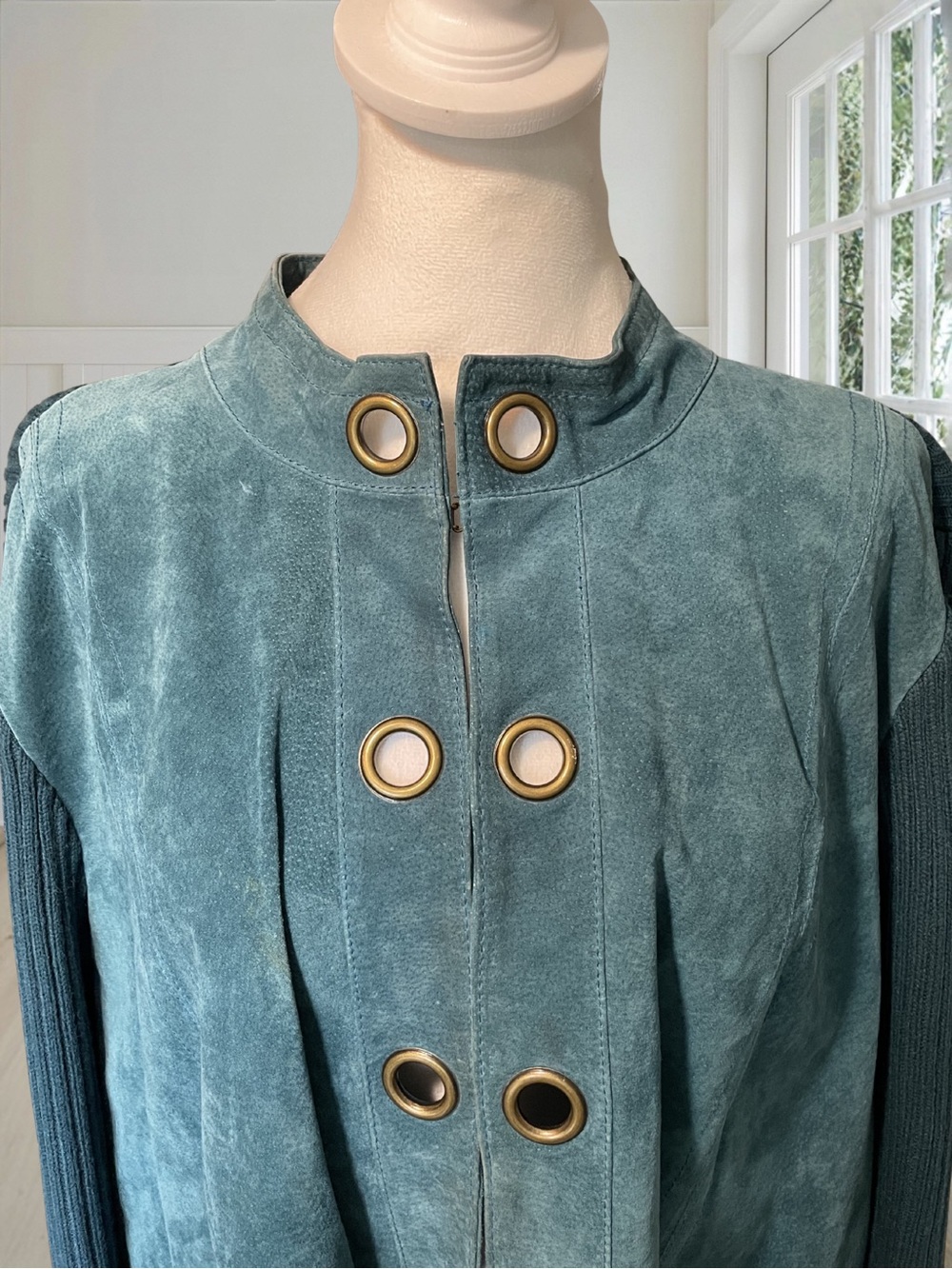 LIVE A LITTLE Women's Teal Suede Leather Ribbed Knit Grommet Jacket Sweater 2X - Picture 3 of 15